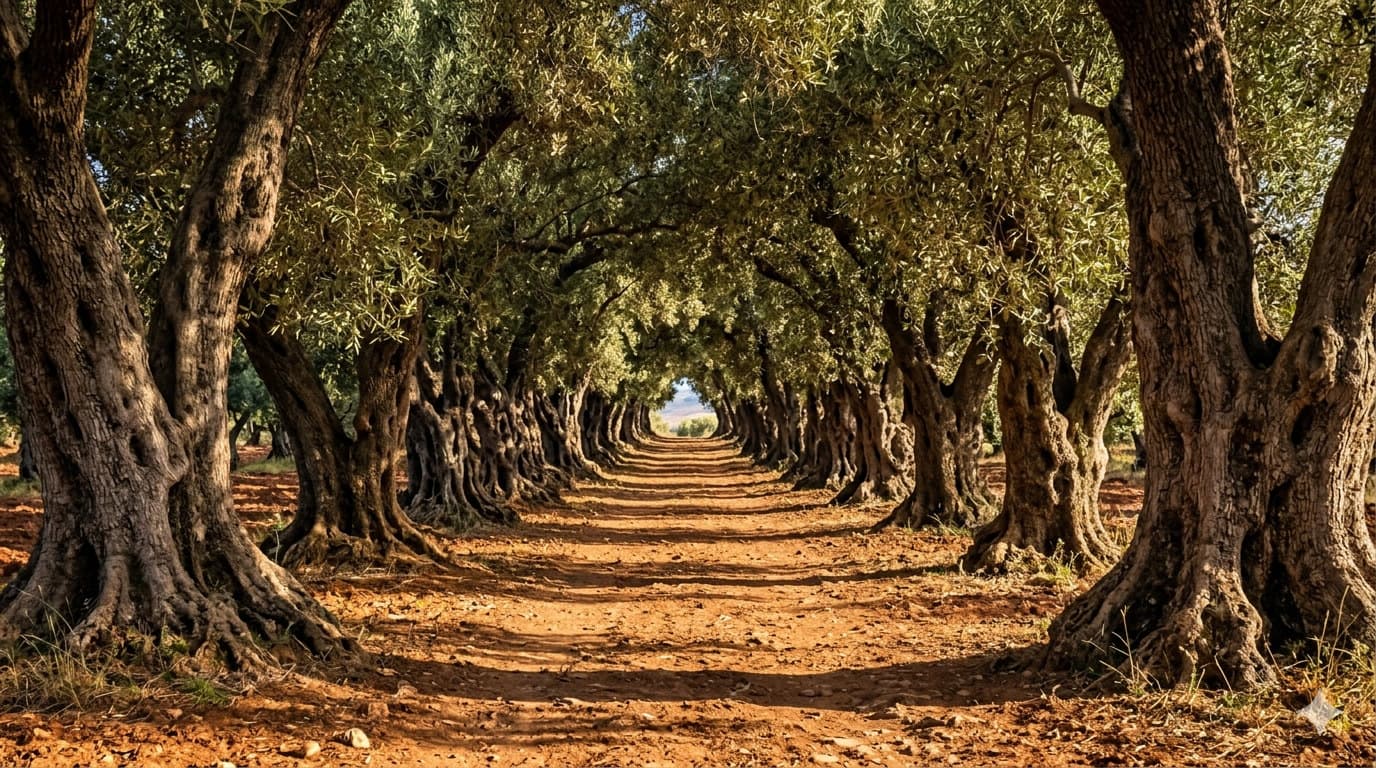 Allée d'oliviers en verger irrigué
